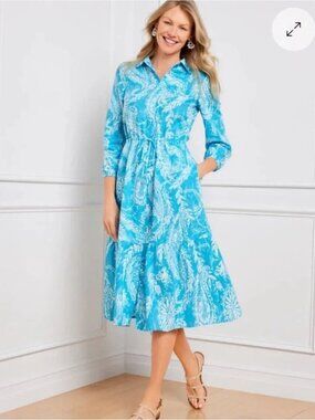 Talbots Linen Blend Midi Shirt Dress Brushed Paisley Blue White - Size 10